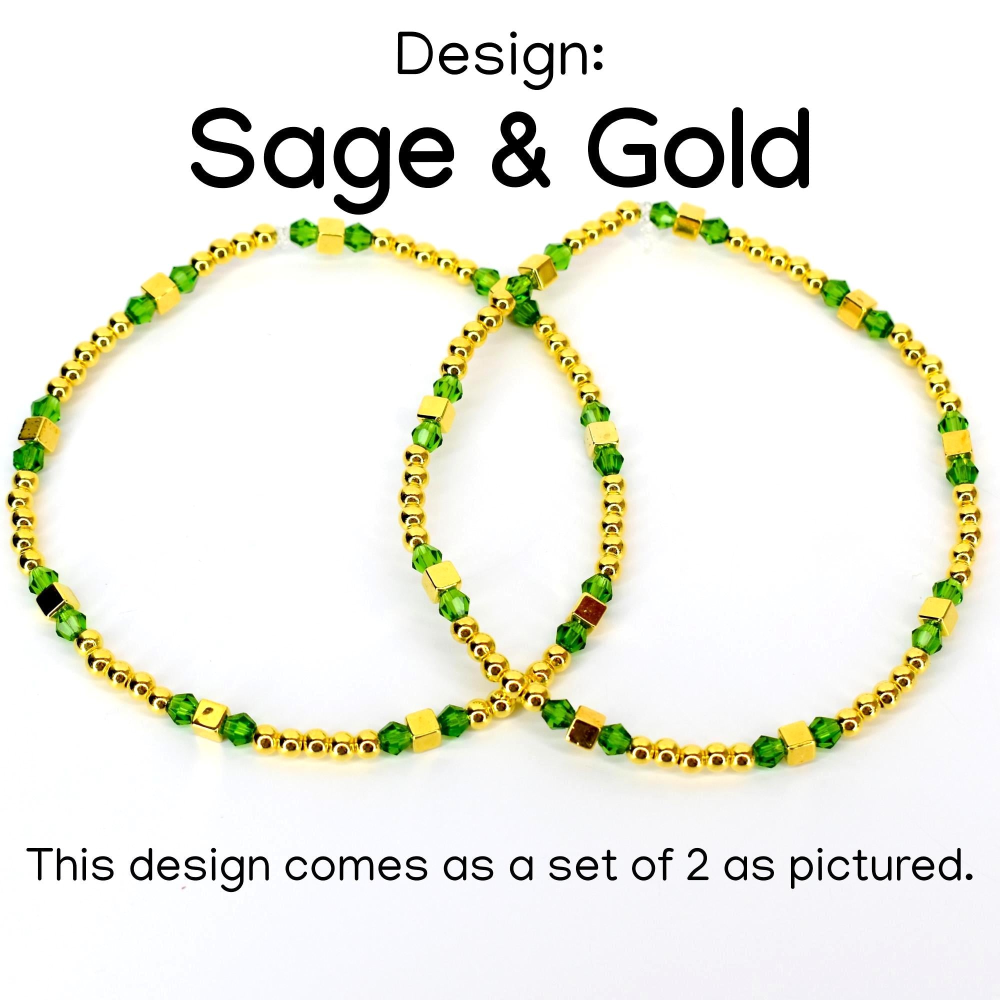 Two gold-colored beaded bracelets with green and gold accents. The bracelets are arranged in a figure-eight pattern. The design is called "Sage & Gold". The set includes two bracelets.