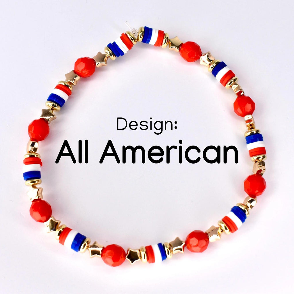 A beaded bracelet with a patriotic design. The bracelet features red, white, and blue beads, along with gold star-shaped and round beads. The text "Design: All American" is displayed on the image.