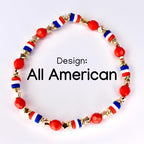 A beaded bracelet with a patriotic design. The bracelet features red, white, and blue beads, along with gold star-shaped and round beads. The text "Design: All American" is displayed on the image.