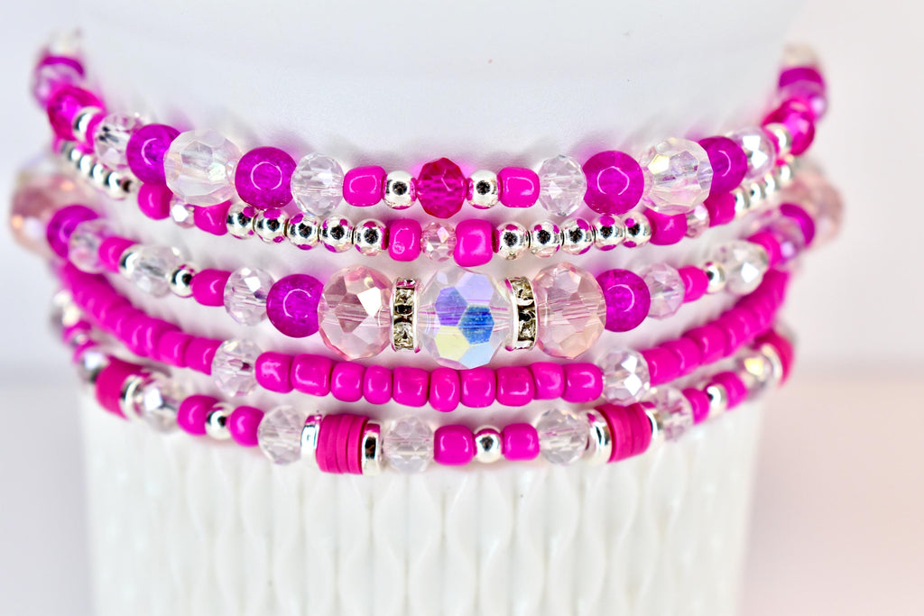 Soft Orchid Bracelet Collection: Magenta, Pink and Crystal Beaded Bracelets with Silver Accents