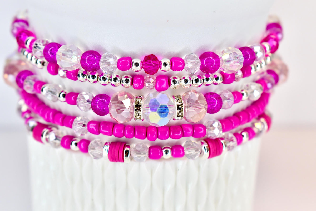 Soft Orchid Bracelet Collection: Magenta, Pink and Crystal Beaded Bracelets with Silver Accents