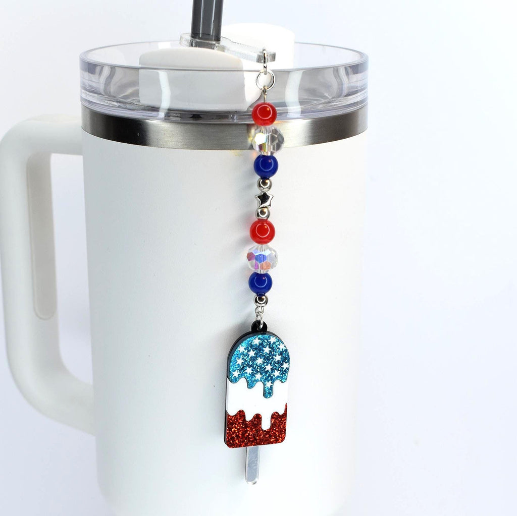 Patriotic Tumbler Straw Charm: Red White Blue Beaded USA Accessory