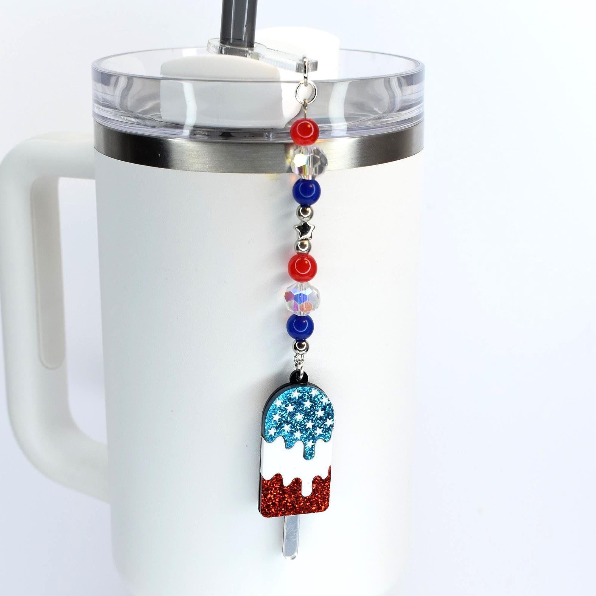 Patriotic Tumbler Straw Charm: Red White Blue Beaded USA Accessory