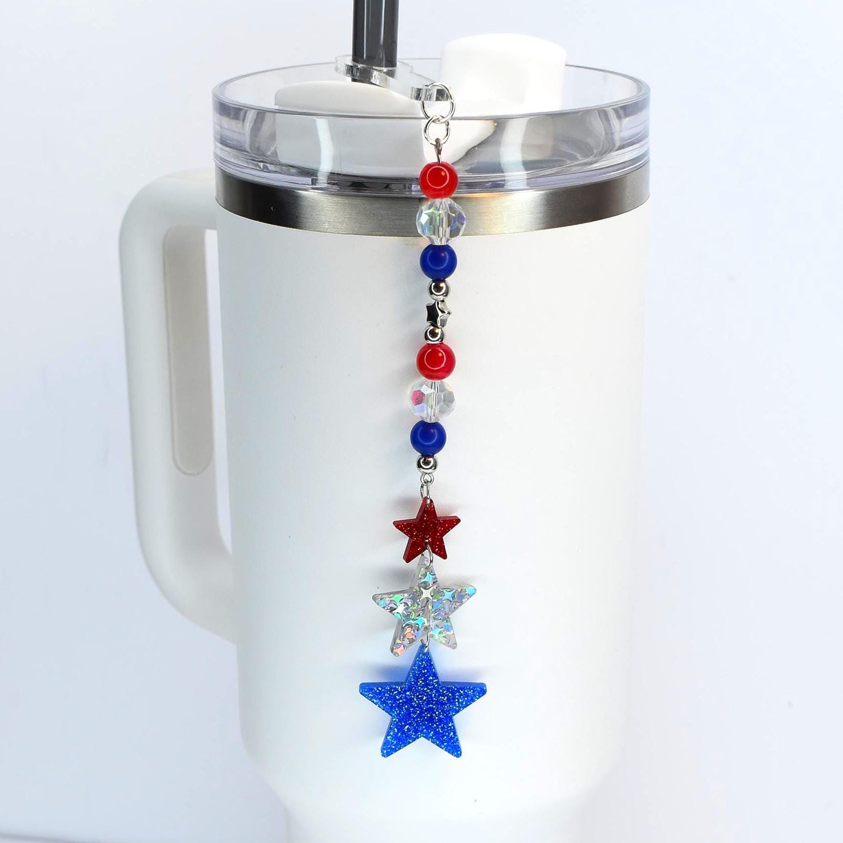 Patriotic Tumbler Straw Charm: Red White Blue Beaded USA Accessory