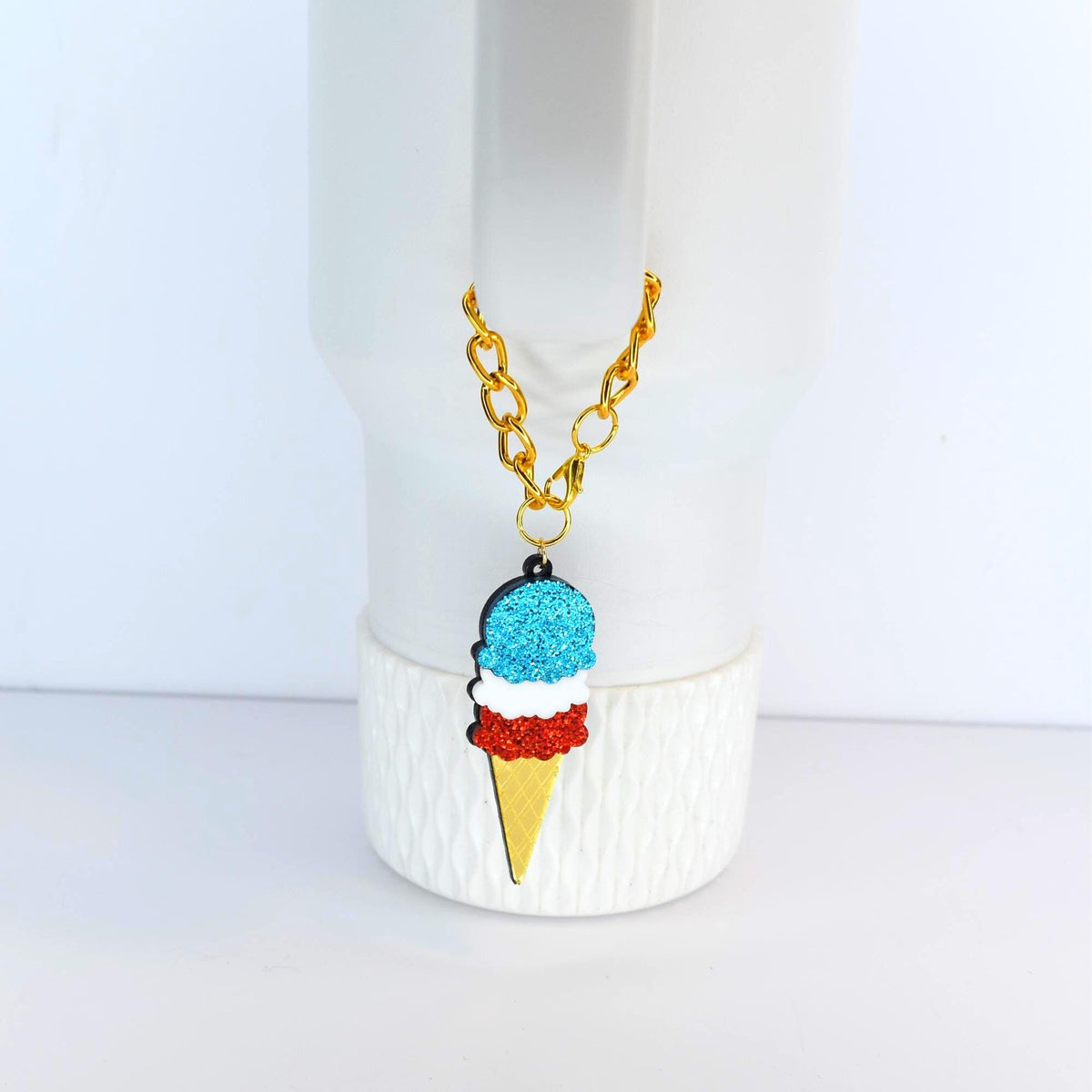 Red White and Blue Ice Cream Cone Tumbler Handle Charm with Gold Chain and Clasp