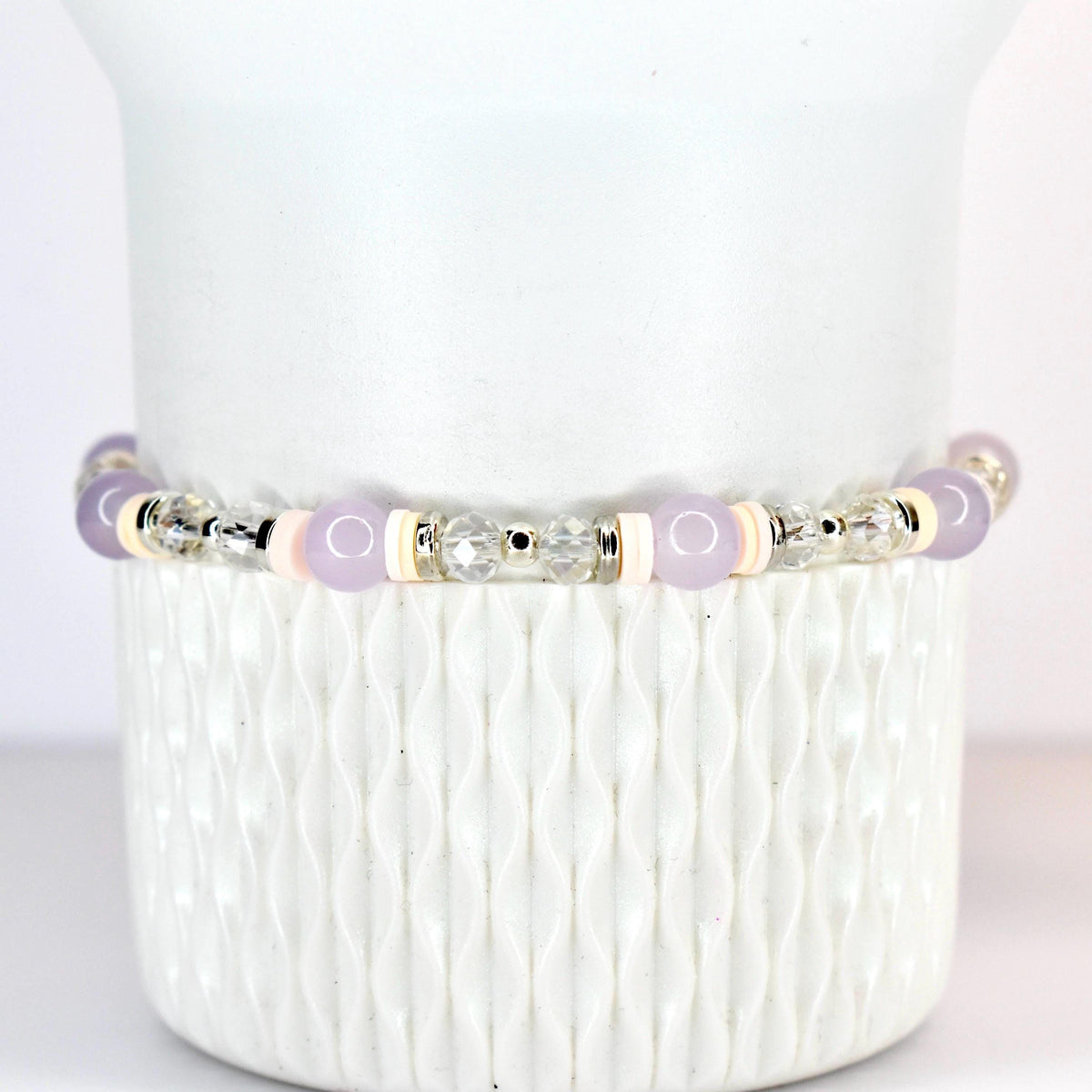 Purple Dust Bracelet: Lavender and Peach Beaded Bracelets with Silver Accents