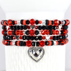 Red and Black Heart Charm Bracelet Stack: Crystal Beaded, Valentine's Day
