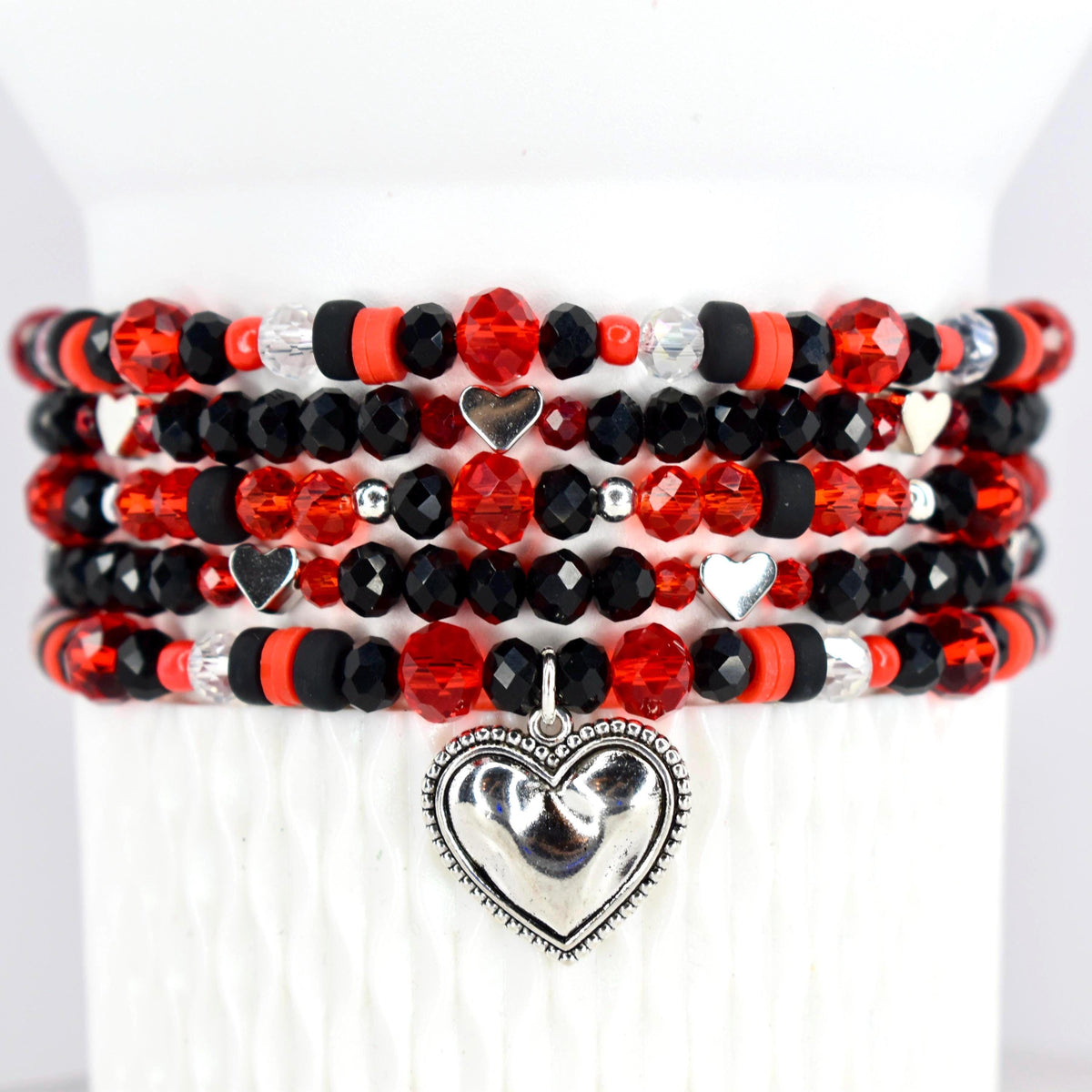 Red and Black Heart Charm Bracelet Stack: Crystal Beaded, Valentine's Day