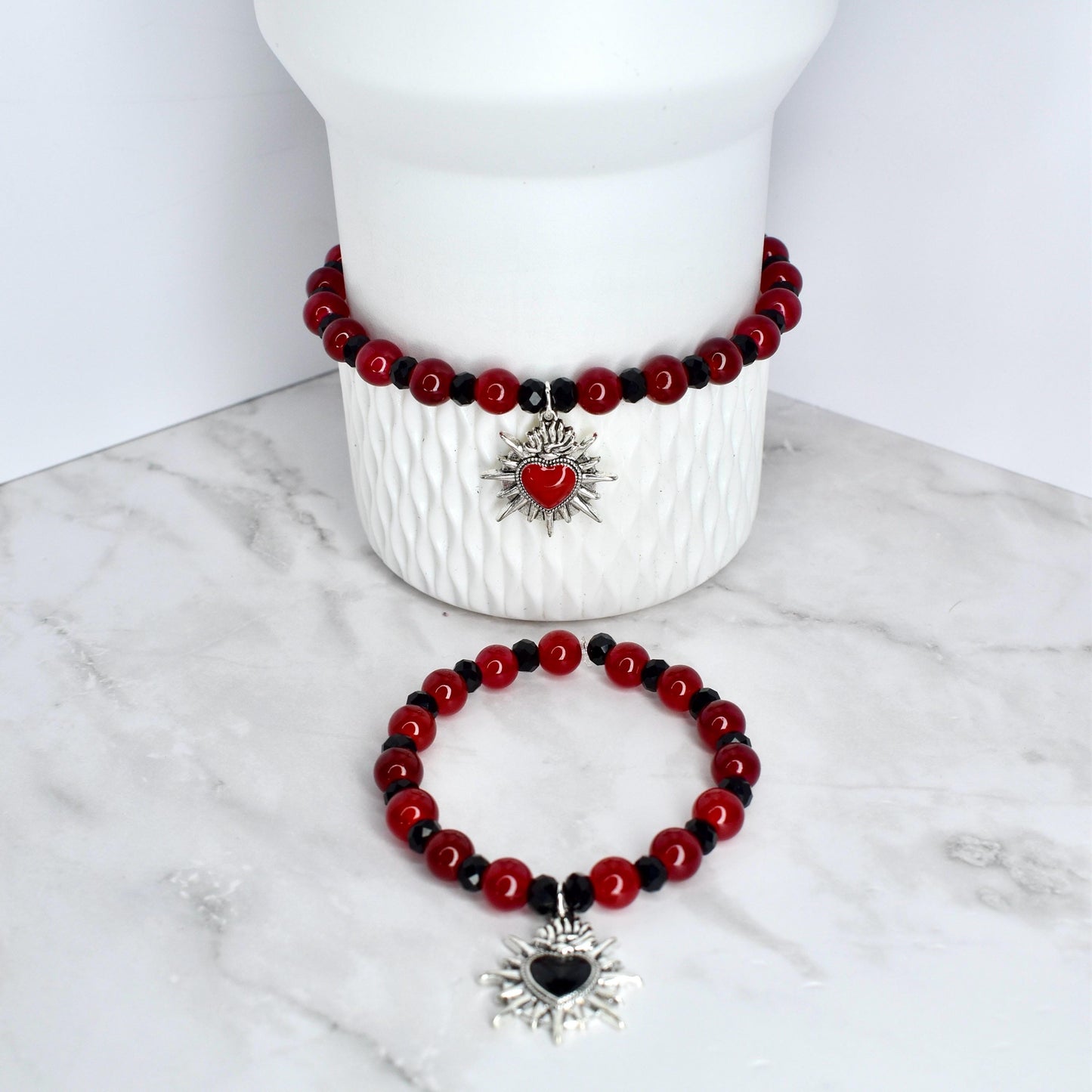 Sacred Heart Bracelet Collection: Red and Black Bracelets with Heart Charm