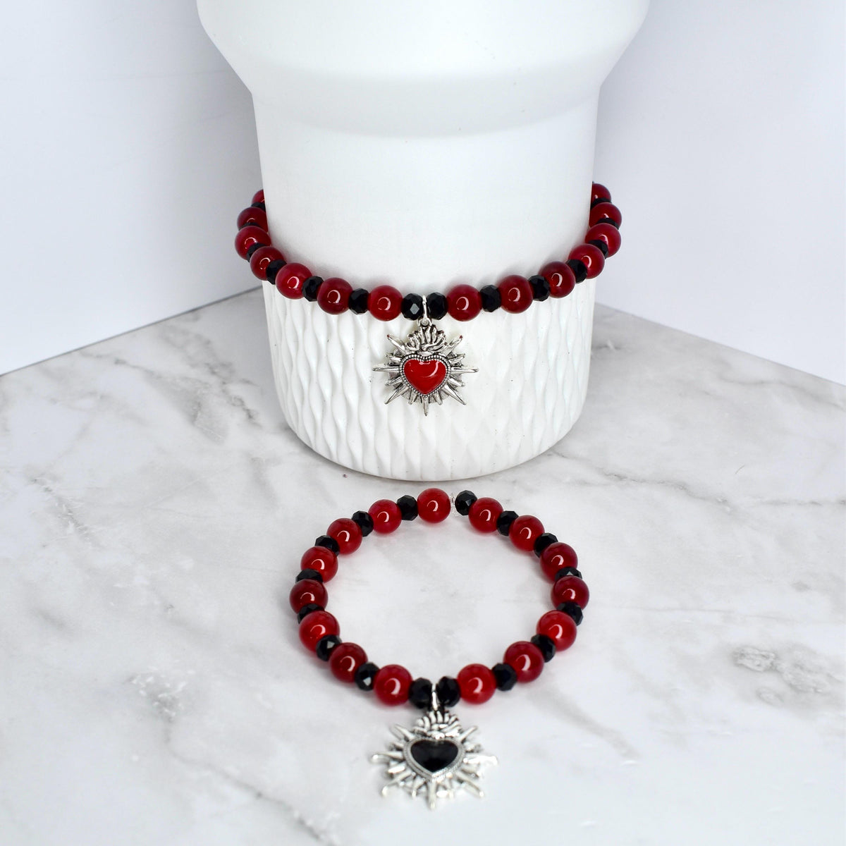 Sacred Heart Bracelet Collection: Red and Black Bracelets with Heart Charm