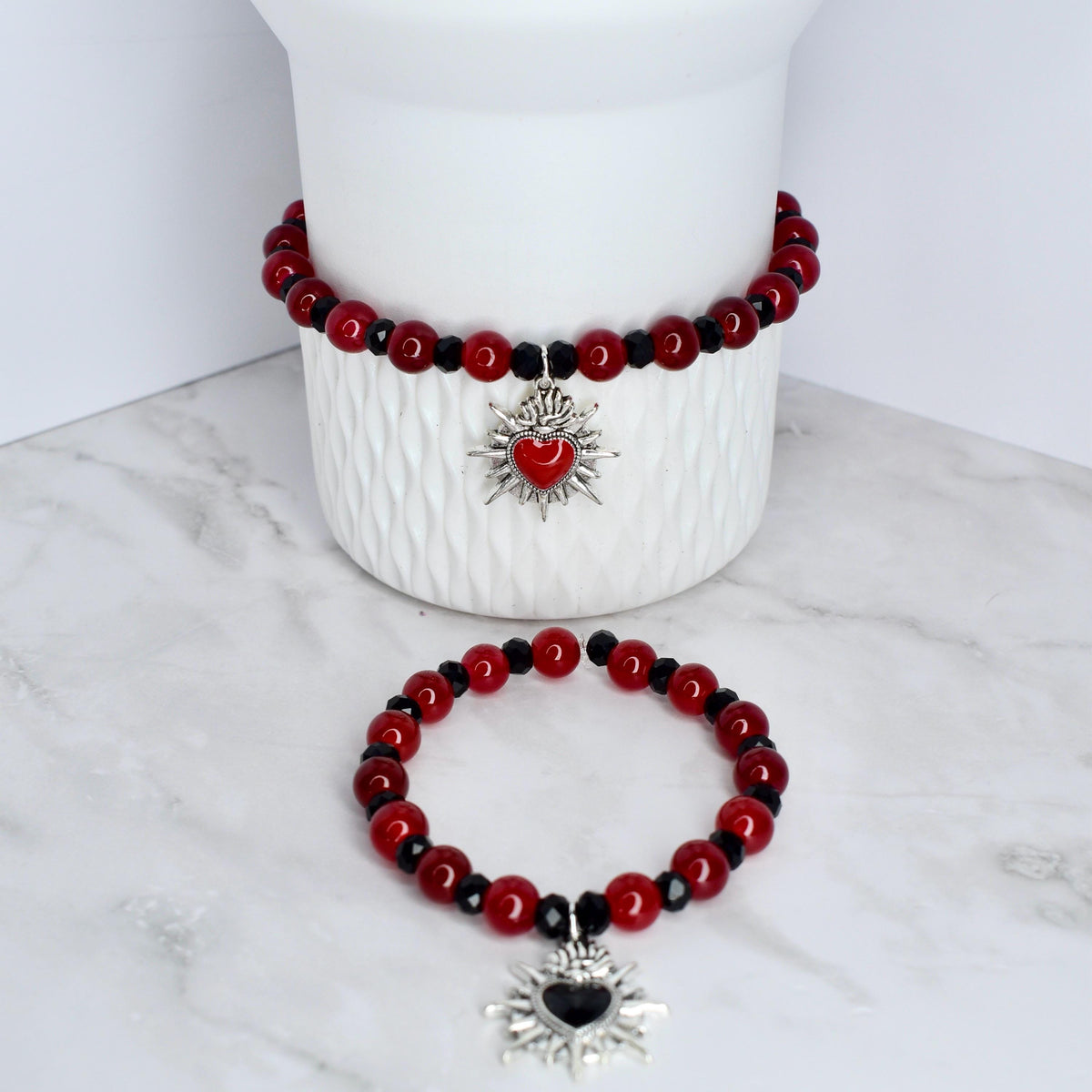 Sacred Heart Bracelet Collection: Red and Black Bracelets with Heart Charm