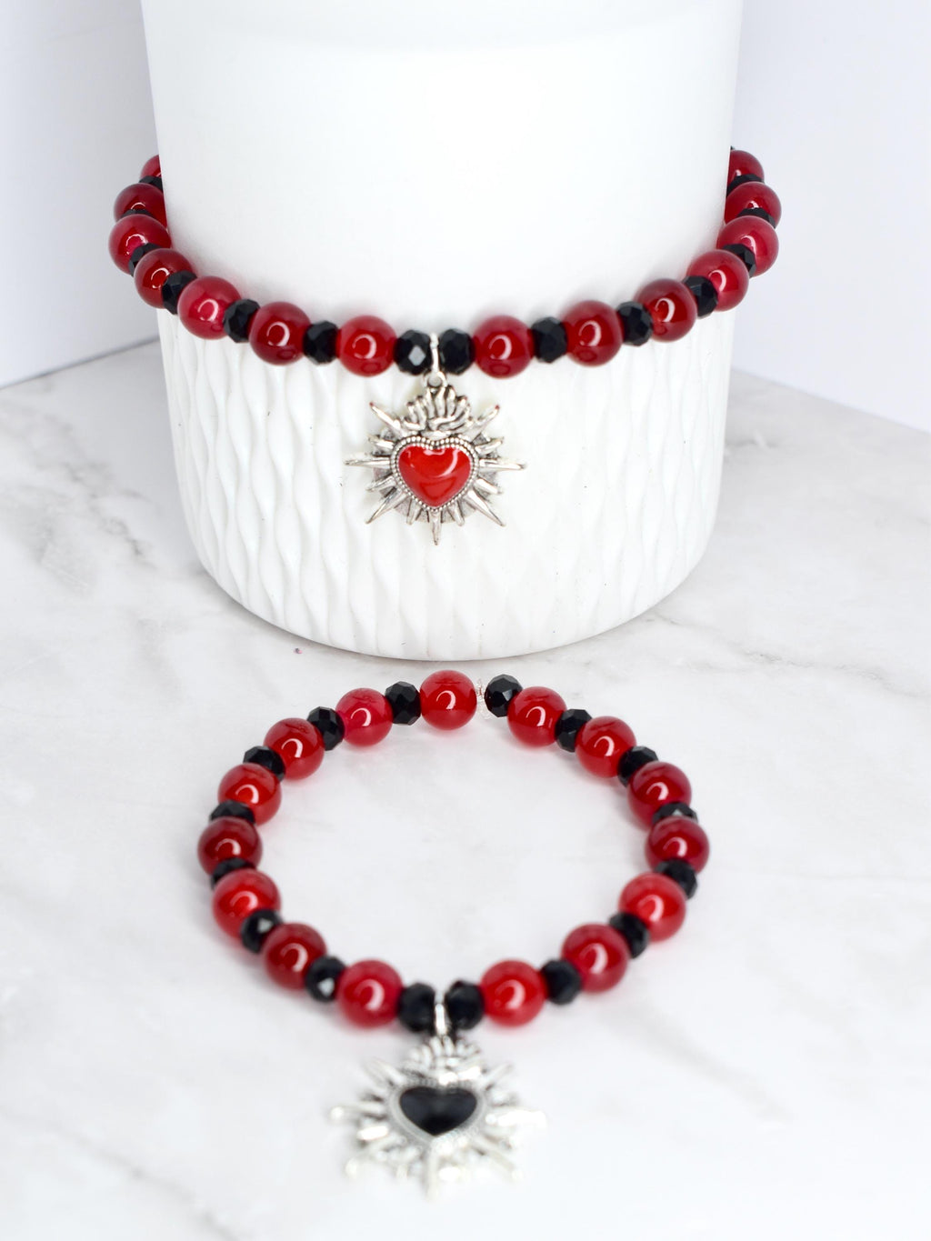 Sacred Heart Bracelet Collection: Red and Black Bracelets with Heart Charm