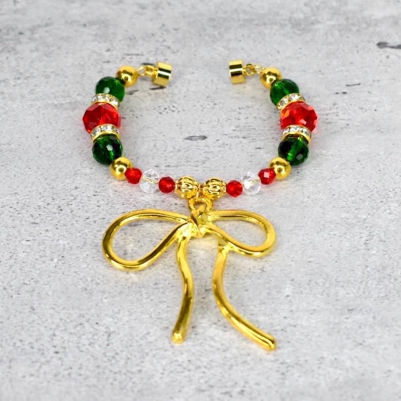 Holiday Botanical Tumbler Handle Charm Bracelet with Gold Bow Charm