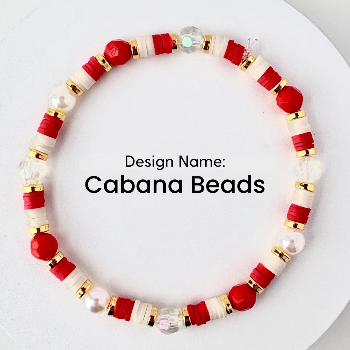 Red and Cream Personalized Beaded Bracelet Stack with Gold and Pearl Accent Beads