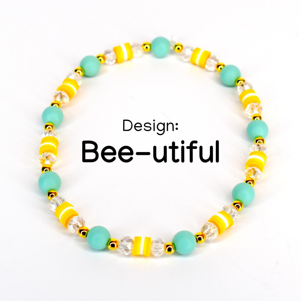 Mint green and yellow striped bead bracelet with matte seafoam round beads, yellow and white striped polymer clay beads, gold spacer beads and clear faceted crystal beads – handmade summer boho bracelet
