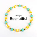 Mint green and yellow striped bead bracelet with matte seafoam round beads, yellow and white striped polymer clay beads, gold spacer beads and clear faceted crystal beads – handmade summer boho bracelet