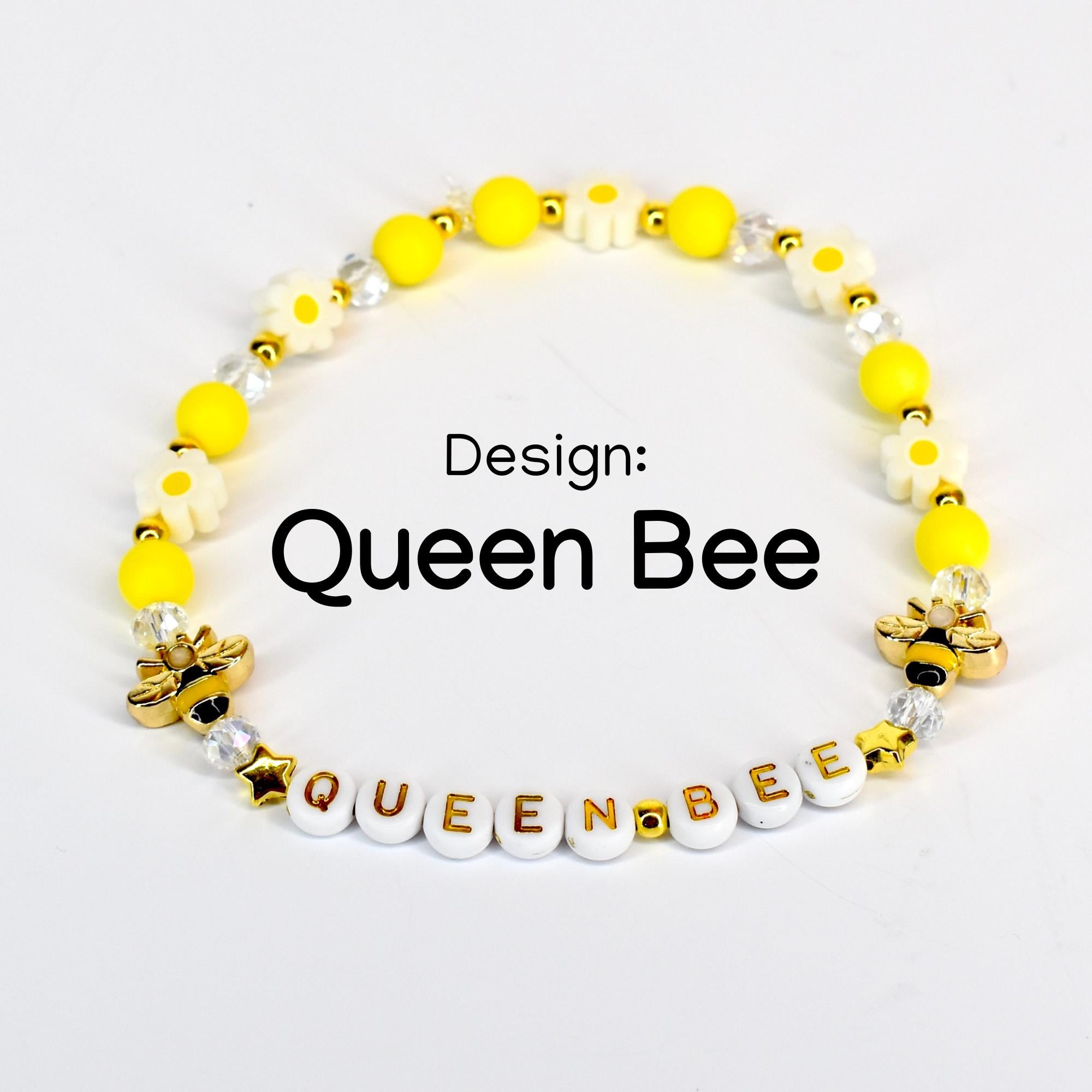 Yellow Queen Bee letter bead bracelet with gold alphabet beads, gold bee charms, gold star beads, yellow daisy flower beads, matte yellow round beads and clear crystal beads – handmade bee bracelet gift
