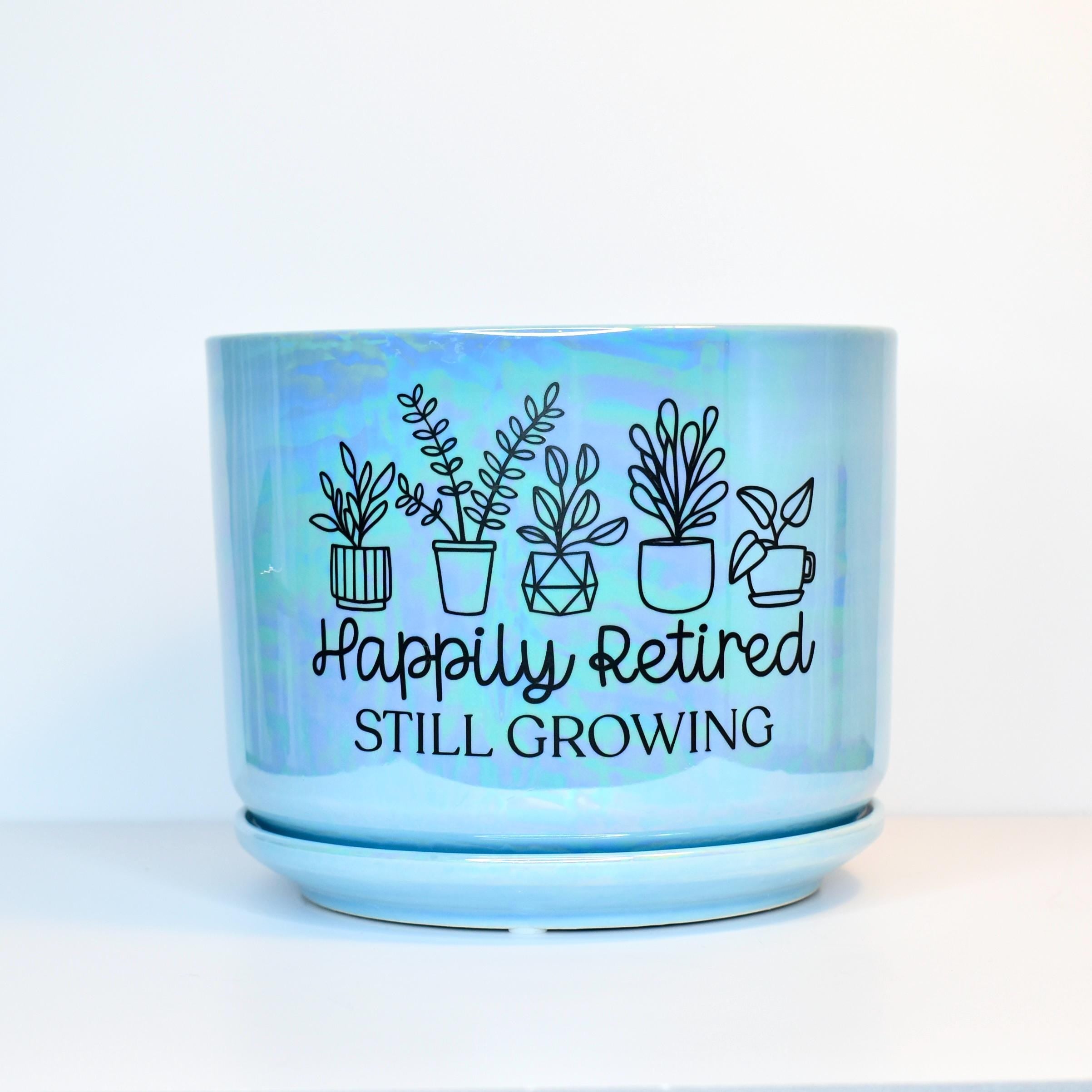 Personalized Planter Iridescent Blue Houseplant Pot with Saucer - Custom Text with House Plant Design