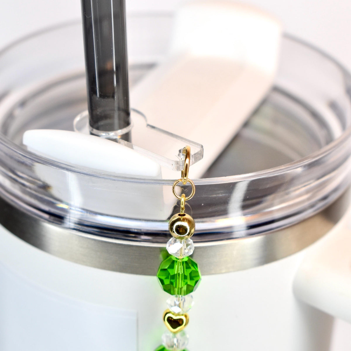 Saint Patrick's Day Tumbler Straw Charm: Green, Crystal and Gold Faceted Glass Bead Charm