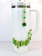 Saint Patrick's Day Tumbler Straw Charm: Green, Crystal and Gold Faceted Glass Bead Charm
