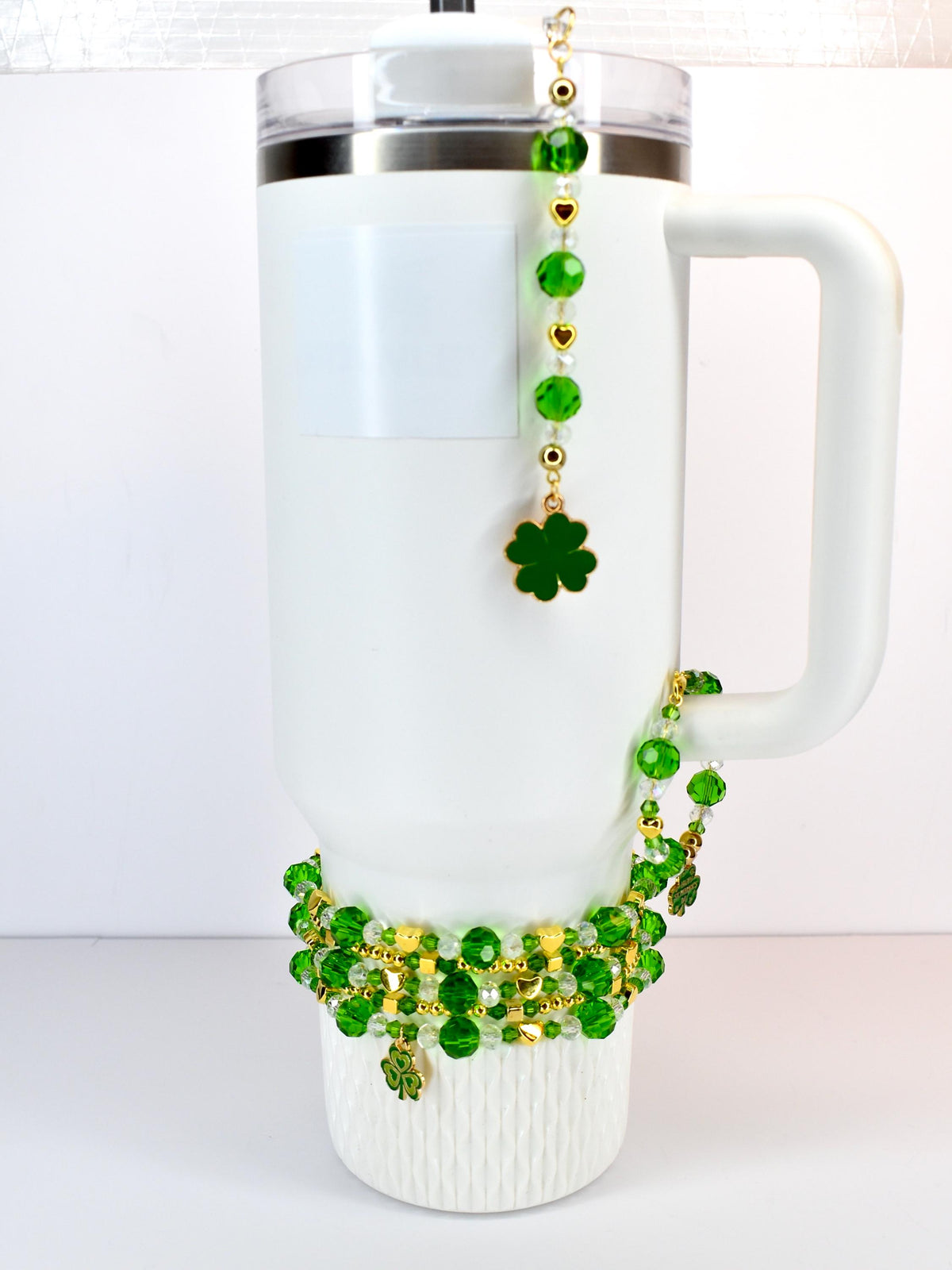 Saint Patrick's Day Tumbler Straw Charm: Green, Crystal and Gold Faceted Glass Bead Charm