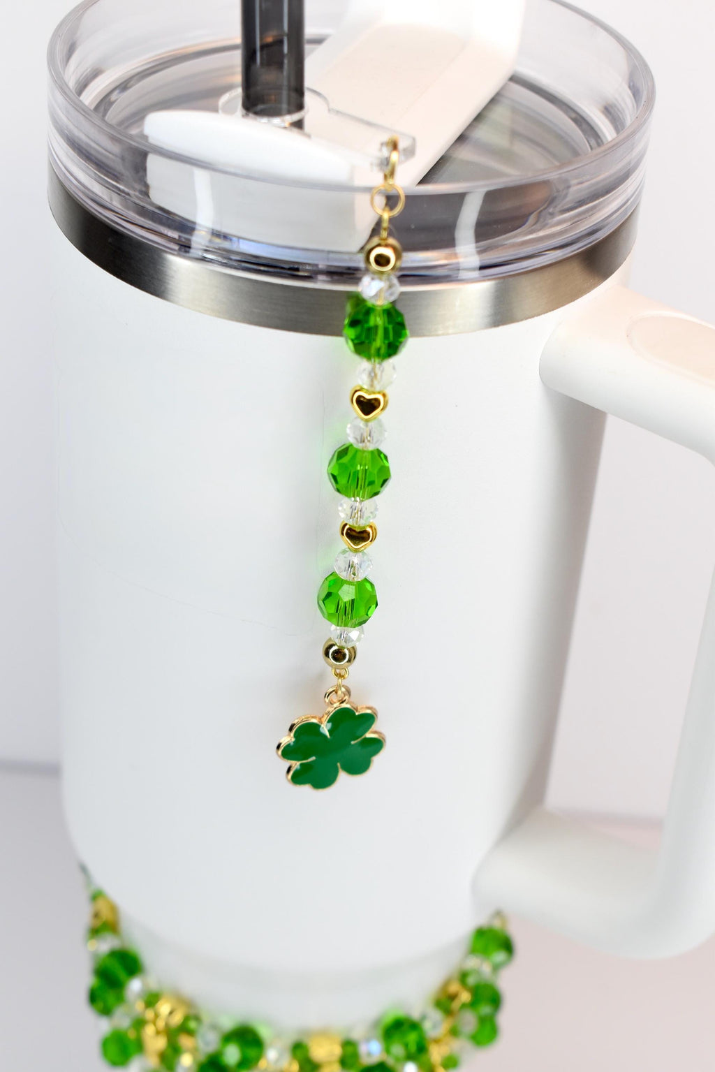 Saint Patrick's Day Tumbler Straw Charm: Green, Crystal and Gold Faceted Glass Bead Charm