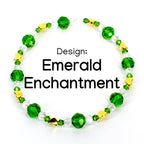 A beaded bracelet with the text "Emerald Enchantment." The bracelet features faceted emerald green beads, clear beads, and small gold heart-shaped beads. The design is set against a white background.