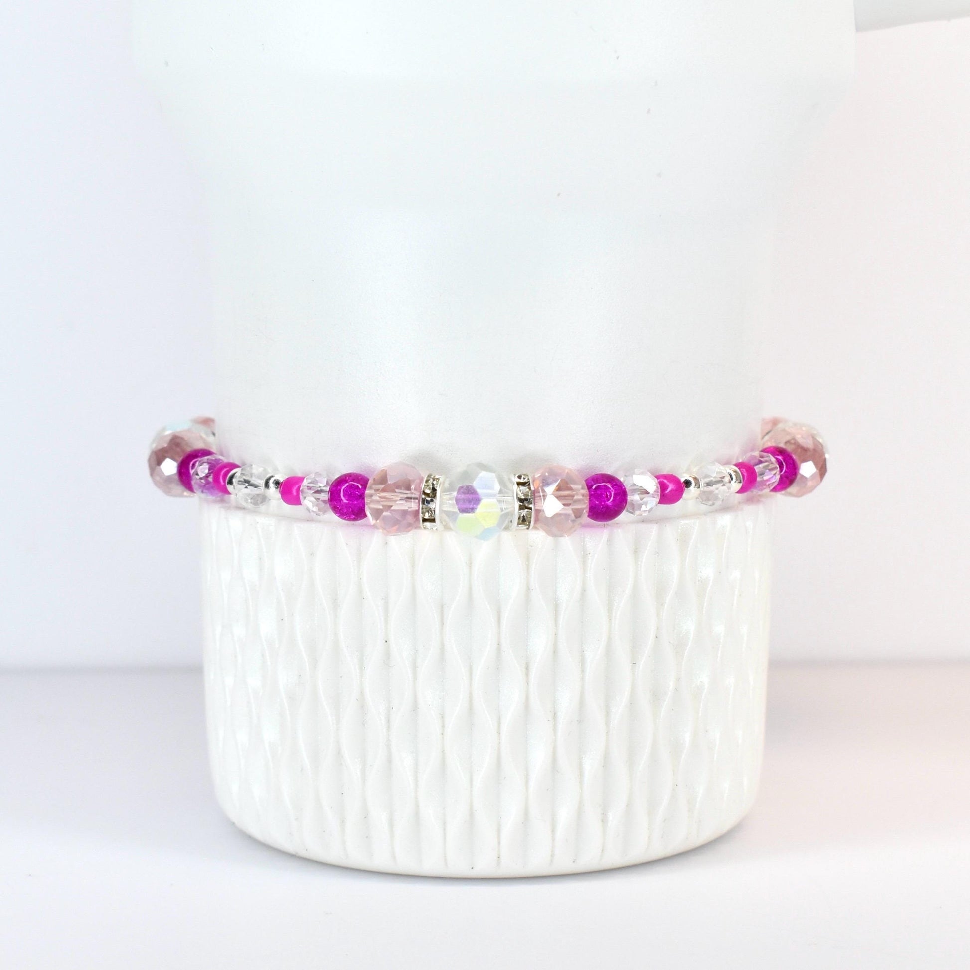 Soft Orchid Bracelet Collection: Magenta, Pink and Crystal Beaded Bracelets with Silver Accents