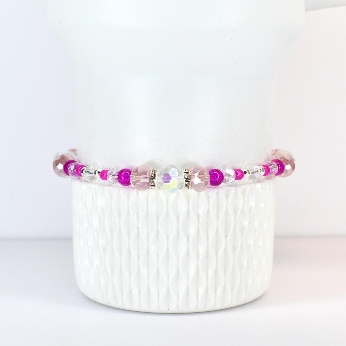 Soft Orchid Bracelet Collection: Magenta, Pink and Crystal Beaded Bracelets with Silver Accents