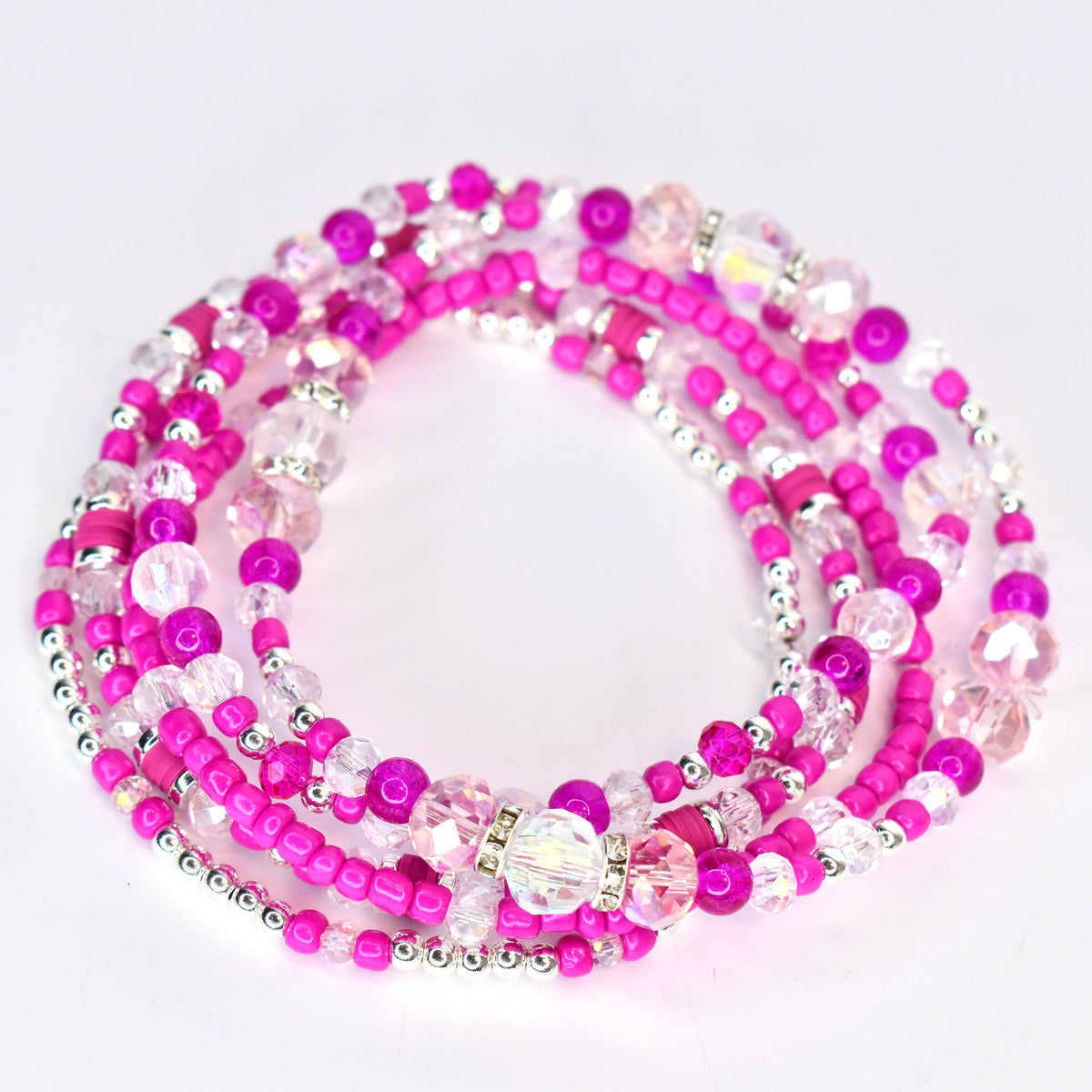 Soft Orchid Bracelet Collection: Magenta, Pink and Crystal Beaded Bracelets with Silver Accents