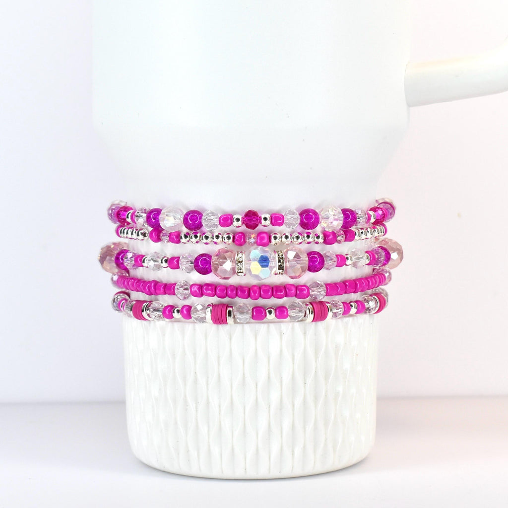 Soft Orchid Bracelet Collection: Magenta, Pink and Crystal Beaded Bracelets with Silver Accents
