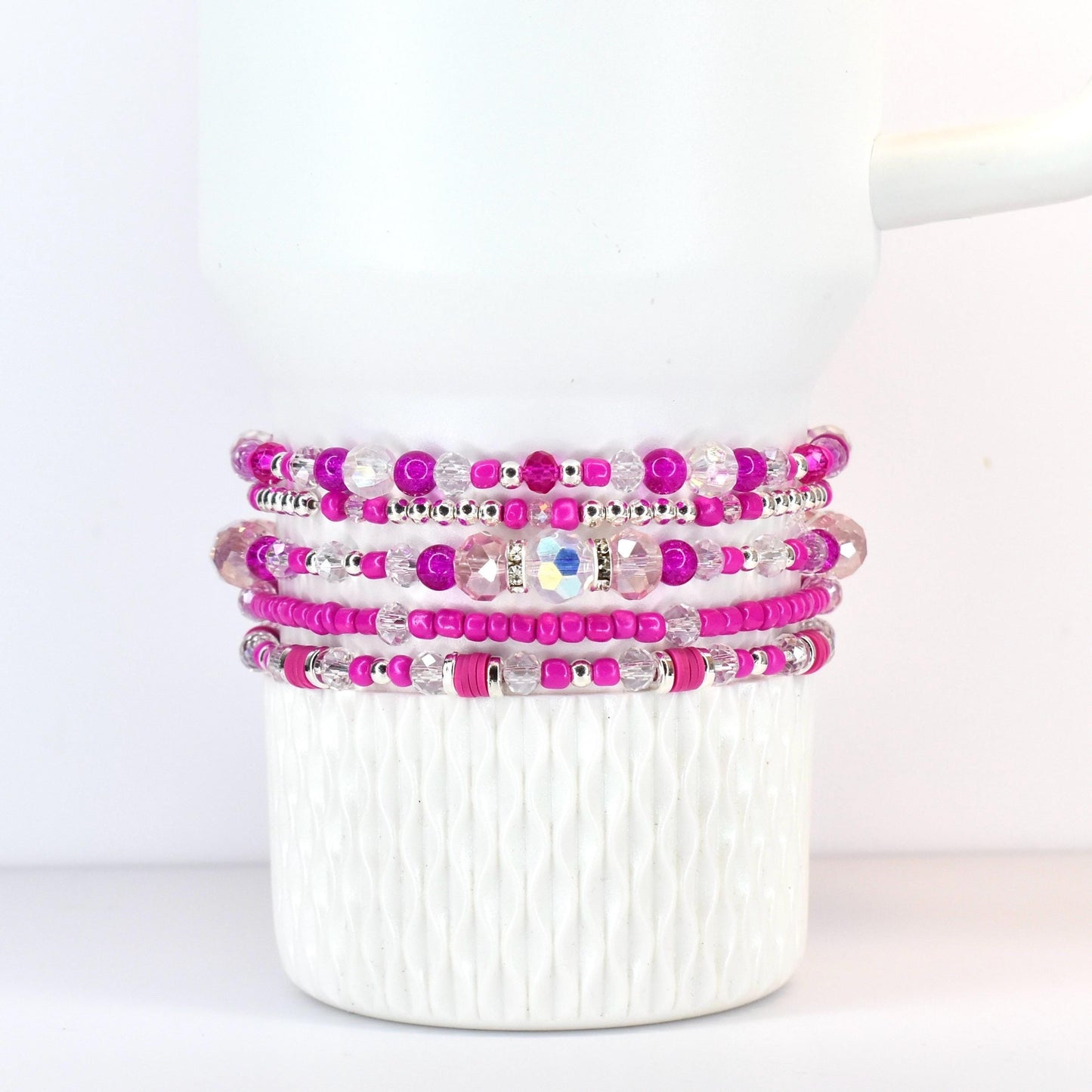 Soft Orchid Bracelet Collection: Magenta, Pink and Crystal Beaded Bracelets with Silver Accents