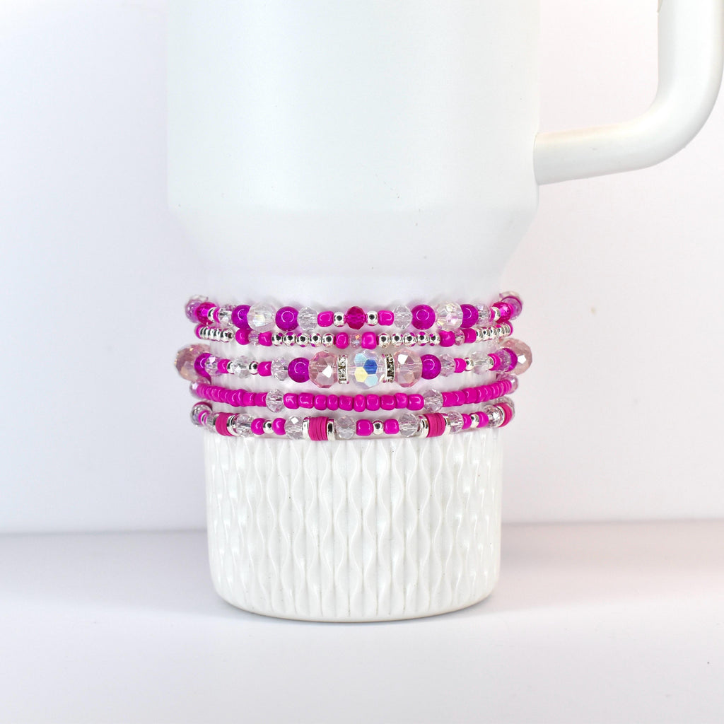 Soft Orchid Bracelet Collection: Magenta, Pink and Crystal Beaded Bracelets with Silver Accents