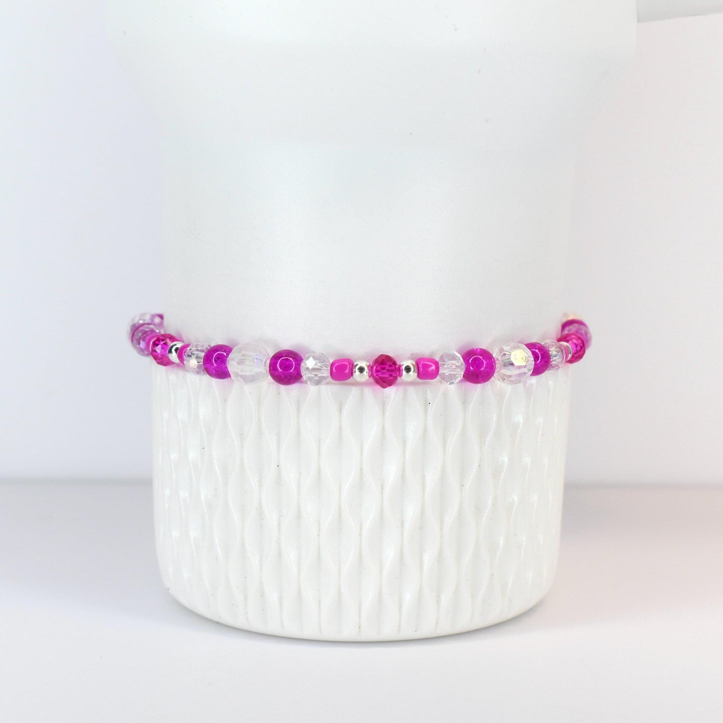 Soft Orchid Bracelet Collection: Magenta, Pink and Crystal Beaded Bracelets with Silver Accents