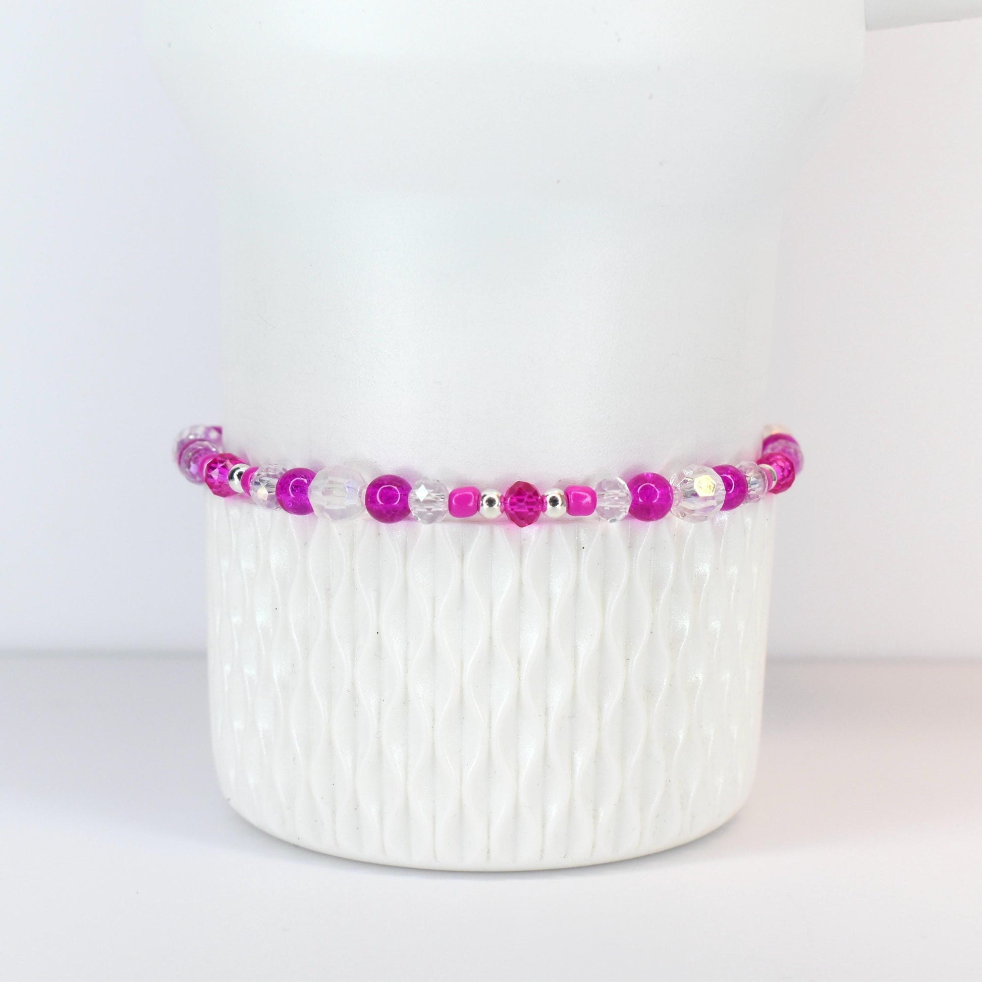 Soft Orchid Bracelet Collection: Magenta, Pink and Crystal Beaded Bracelets with Silver Accents