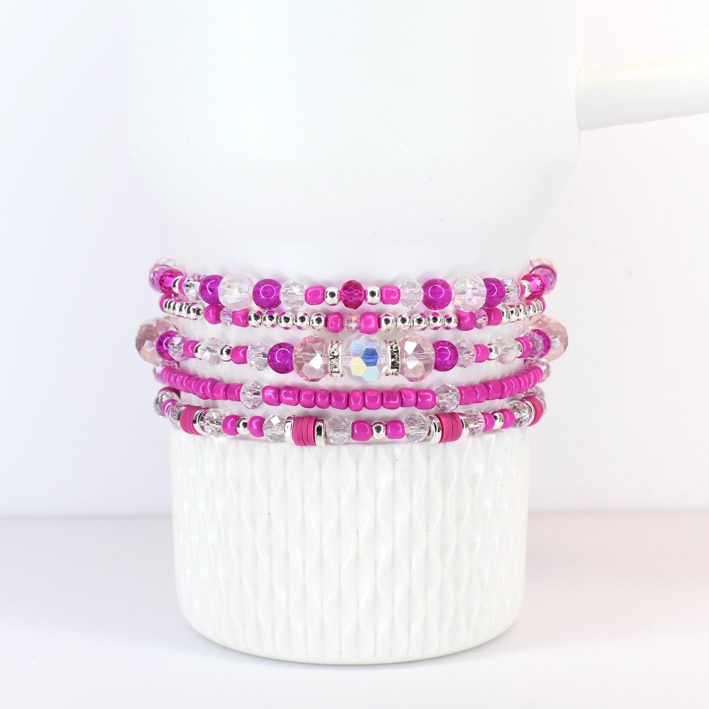 Soft Orchid Bracelet Collection: Magenta, Pink and Crystal Beaded Bracelets with Silver Accents