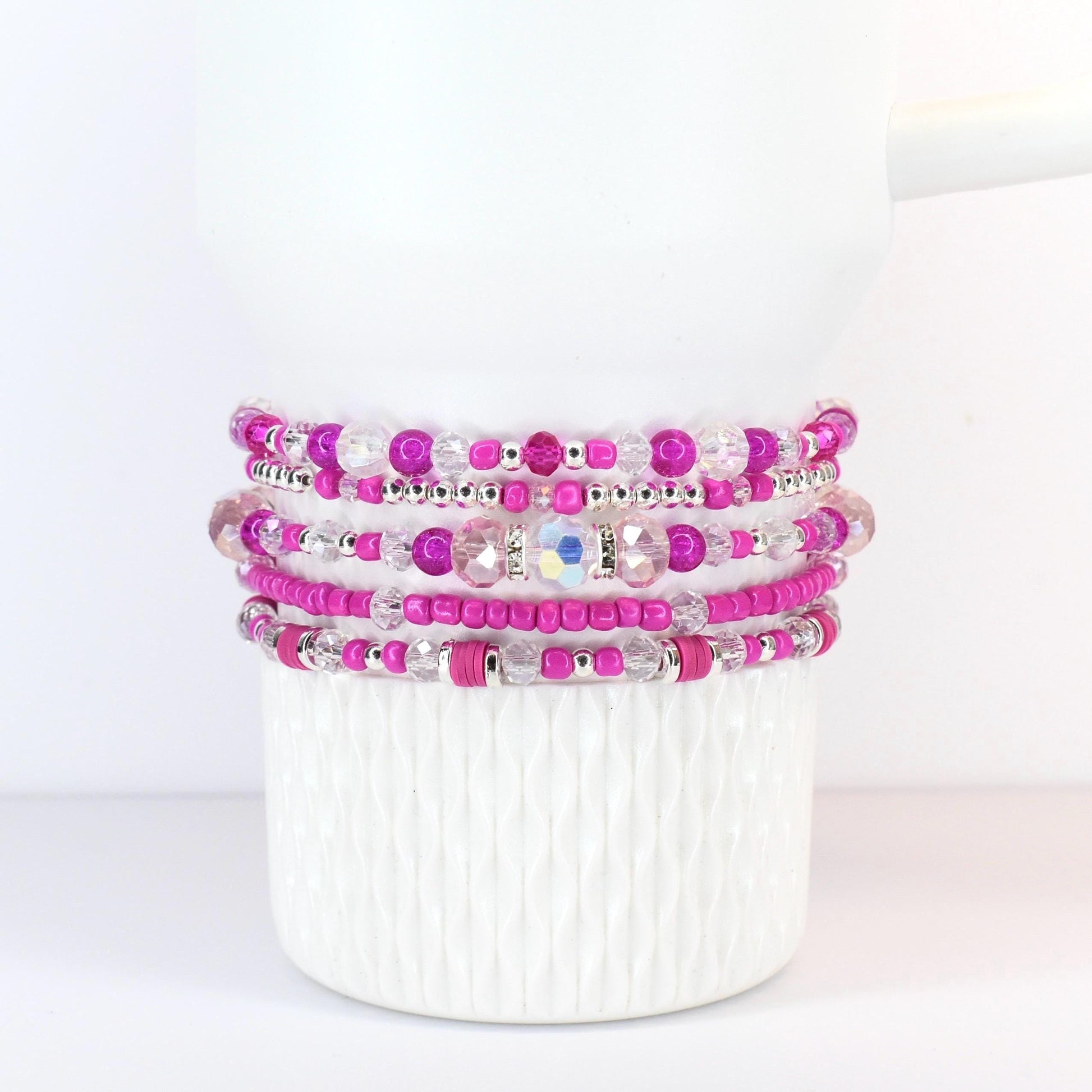 Soft Orchid Bracelet Collection: Magenta, Pink and Crystal Beaded Bracelets with Silver Accents