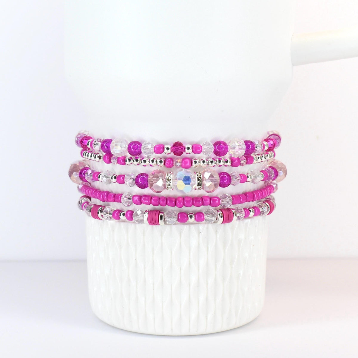 Soft Orchid Bracelet Collection: Magenta, Pink and Crystal Beaded Bracelets with Silver Accents