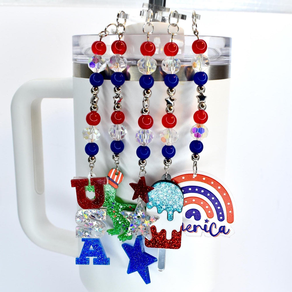 Patriotic Tumbler Straw Charm: Red White Blue Beaded USA Accessory