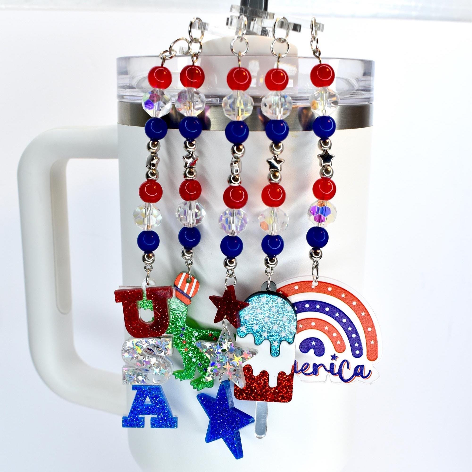 Patriotic Tumbler Straw Charm: Red White Blue Beaded USA Accessory