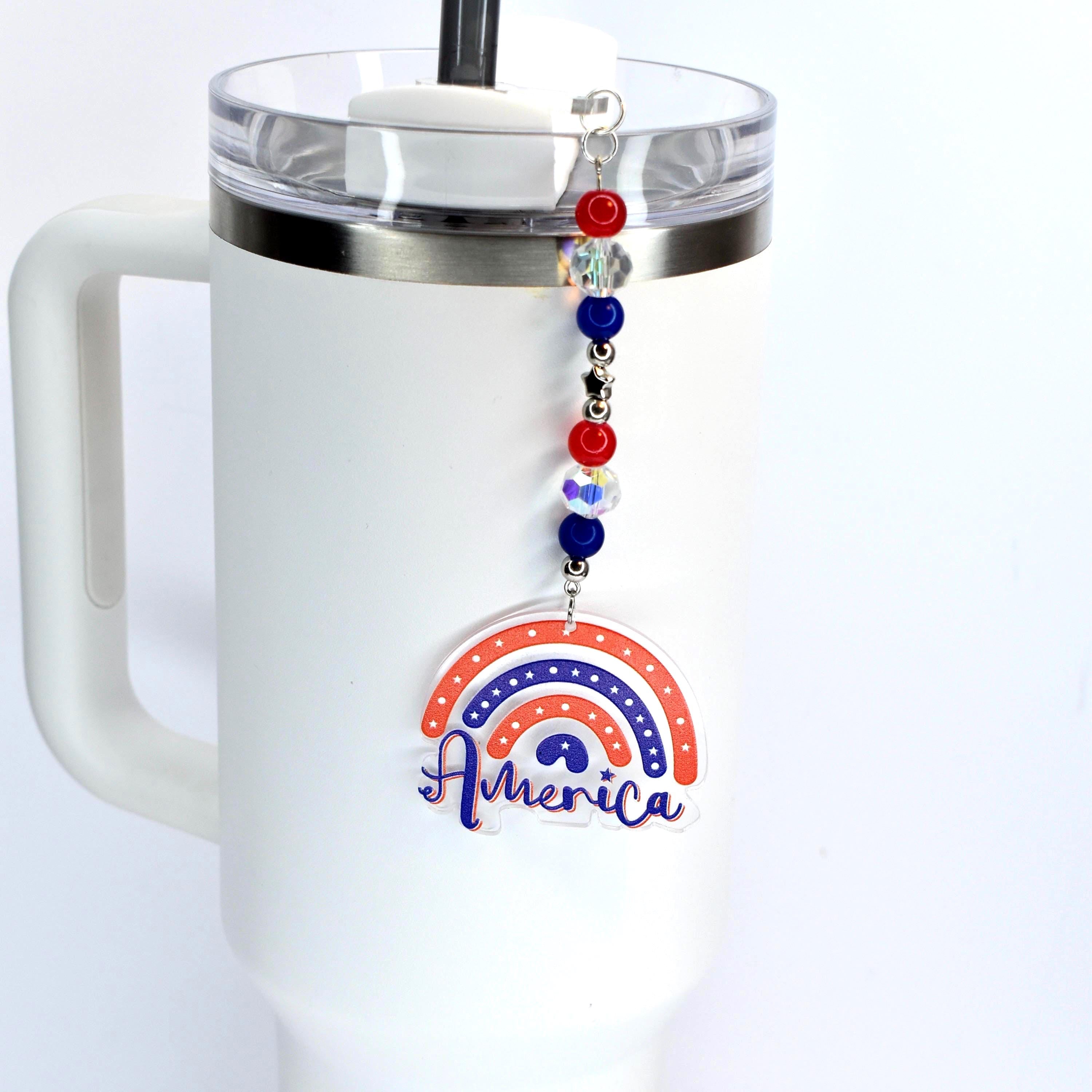 Patriotic Tumbler Straw Charm: Red White Blue Beaded USA Accessory