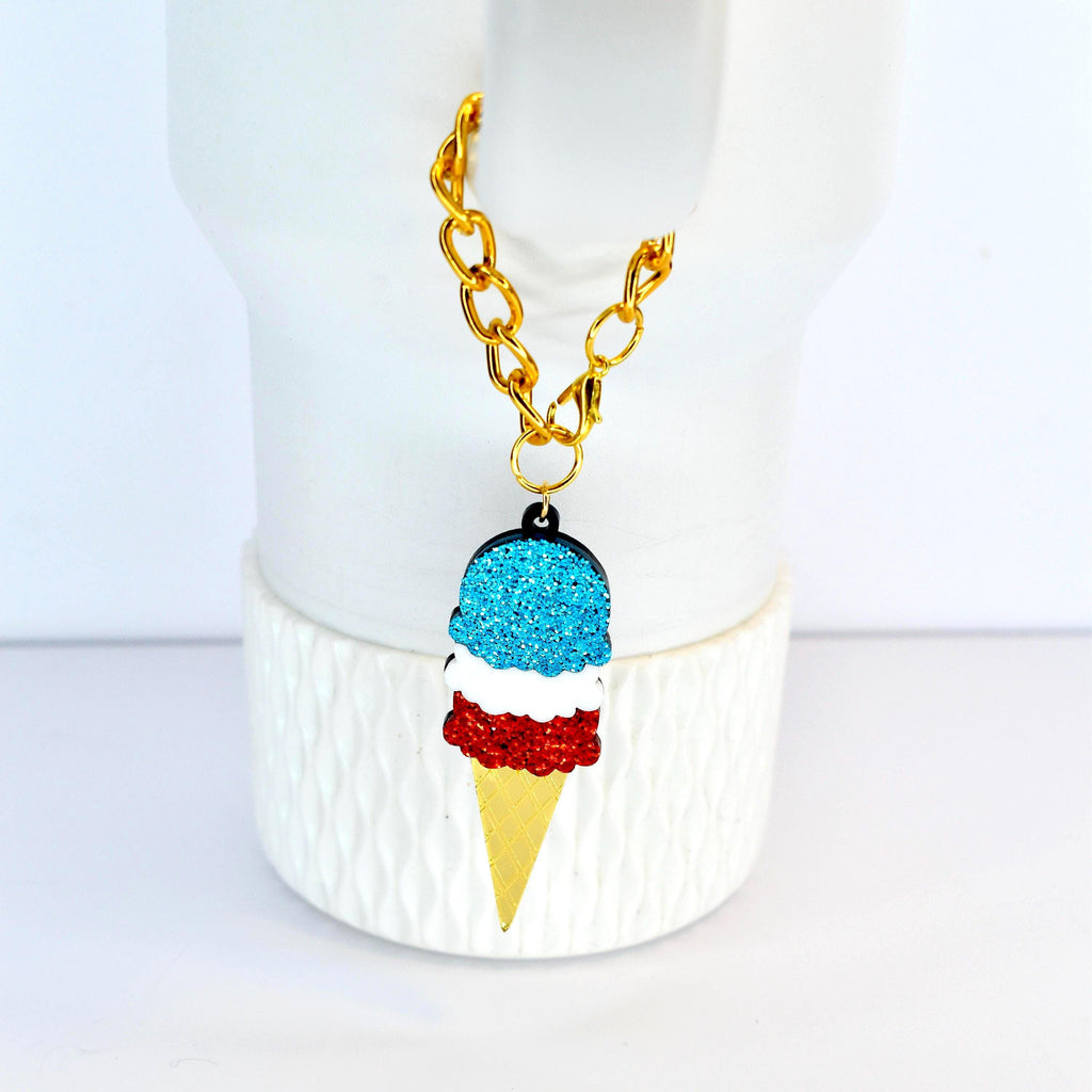 Red White and Blue Ice Cream Cone Tumbler Handle Charm with Gold Chain and Clasp