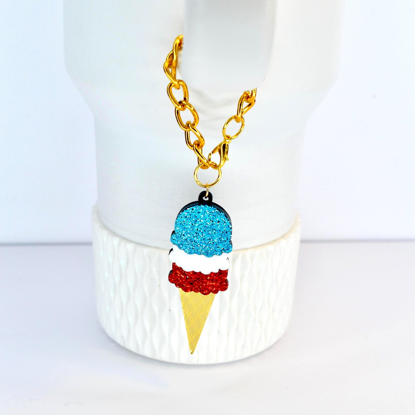 Red White and Blue Ice Cream Cone Tumbler Handle Charm with Gold Chain and Clasp
