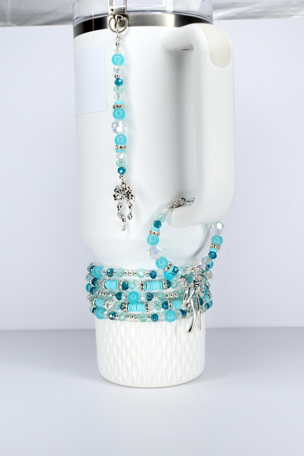 Turquoise Tumbler Straw Charm: Green Blue Beaded Accessory with Silver Accents