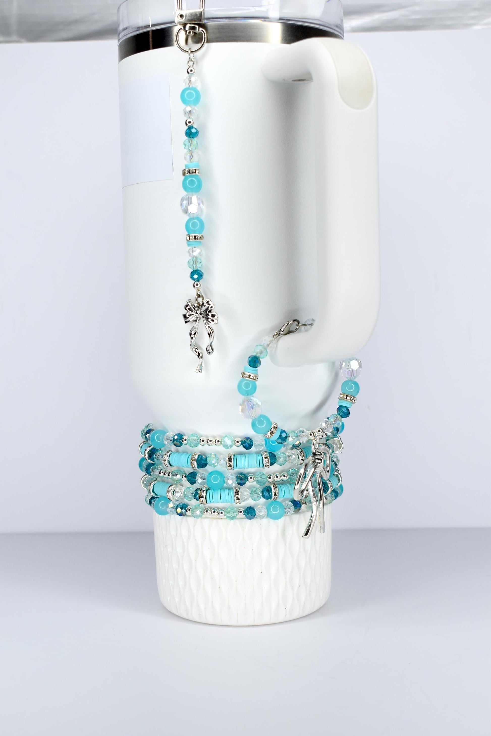 Turquoise Tumbler Straw Charm: Green Blue Beaded Accessory with Silver Accents