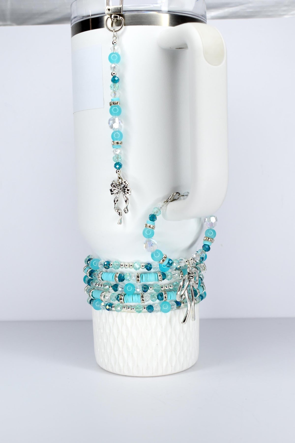 Turquoise Tumbler Straw Charm: Green Blue Beaded Accessory with Silver Accents