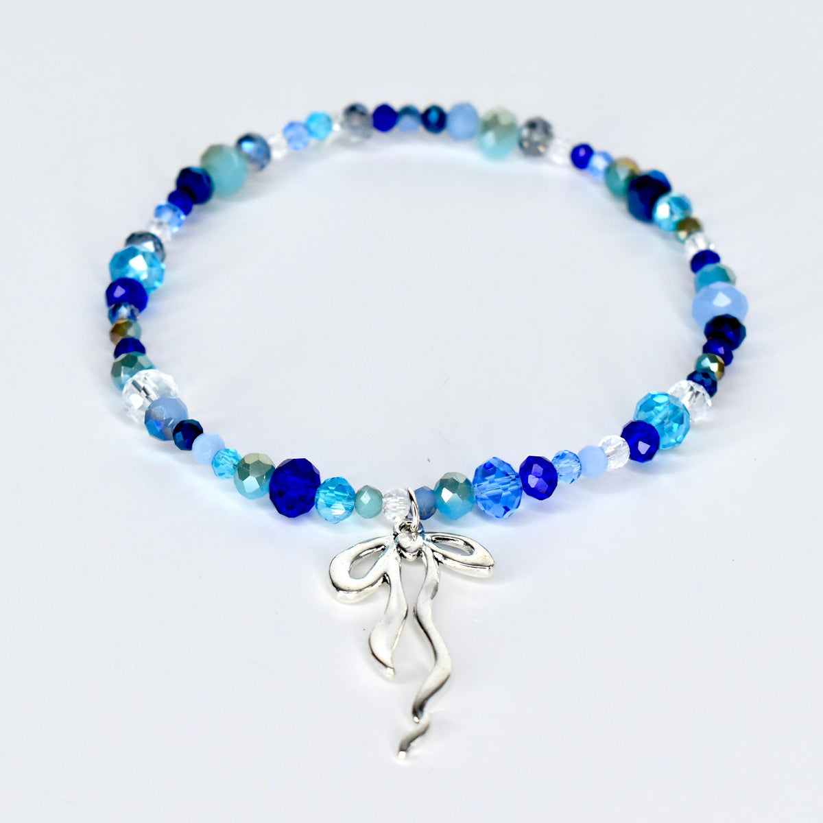 Blue and Silver Bracelet Collection: Sparkling Beaded Bracelets with Silver Bow Charms