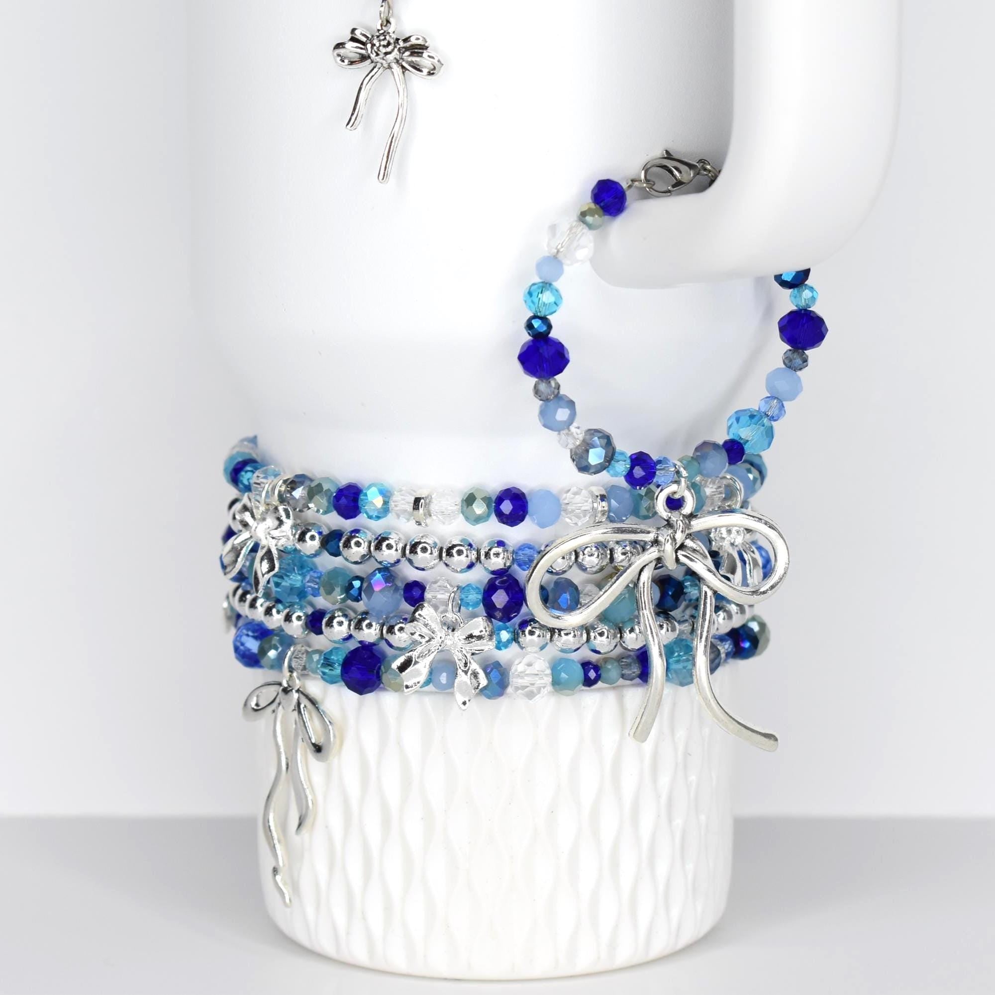 Blue and Crystal Tumbler Handle Bracelet with Bow Charm