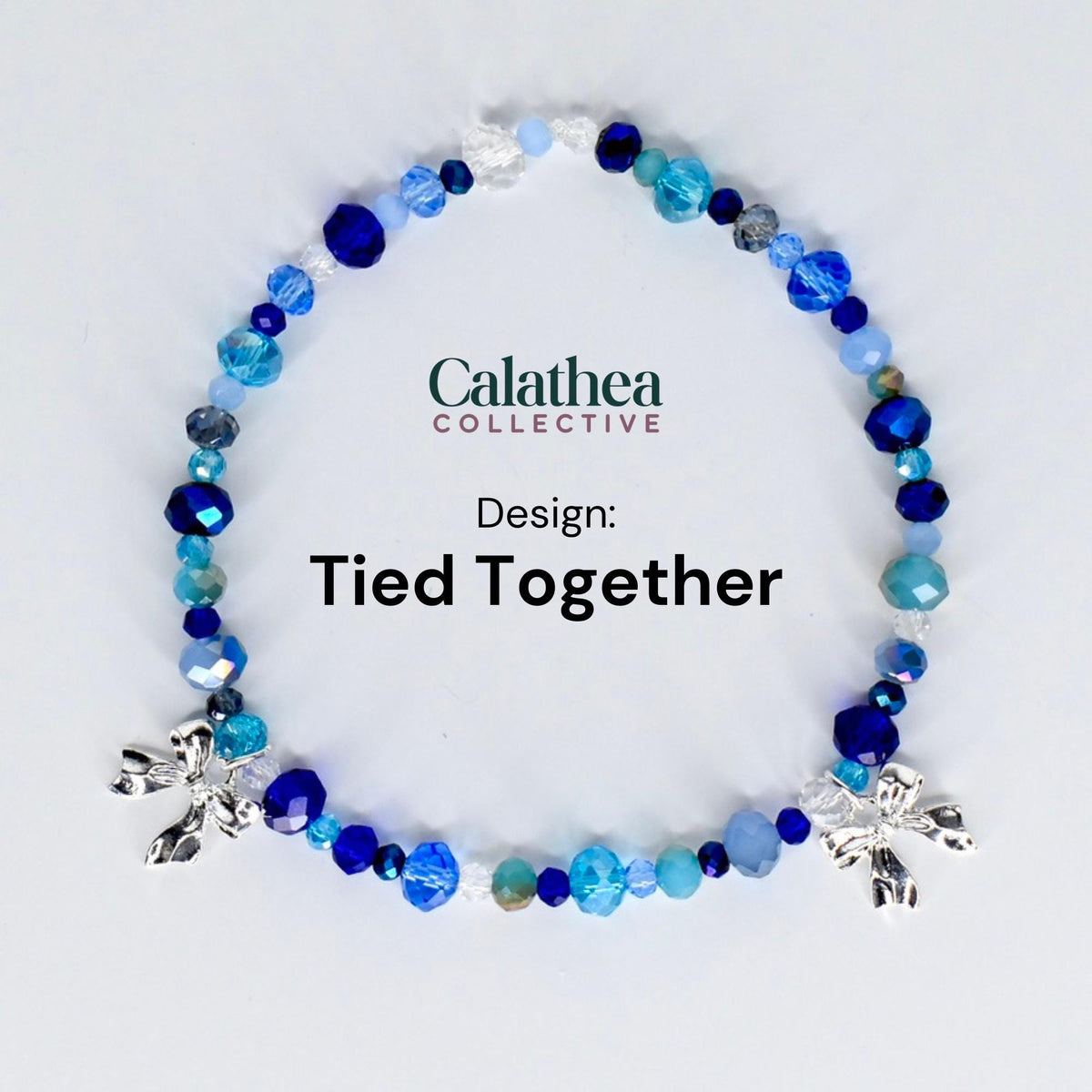 A beaded bracelet with a variety of blue beads, including faceted and round shapes, and silver-colored bow charms. The text "Calathea Collective" and "Design: Tied Together" are also visible.