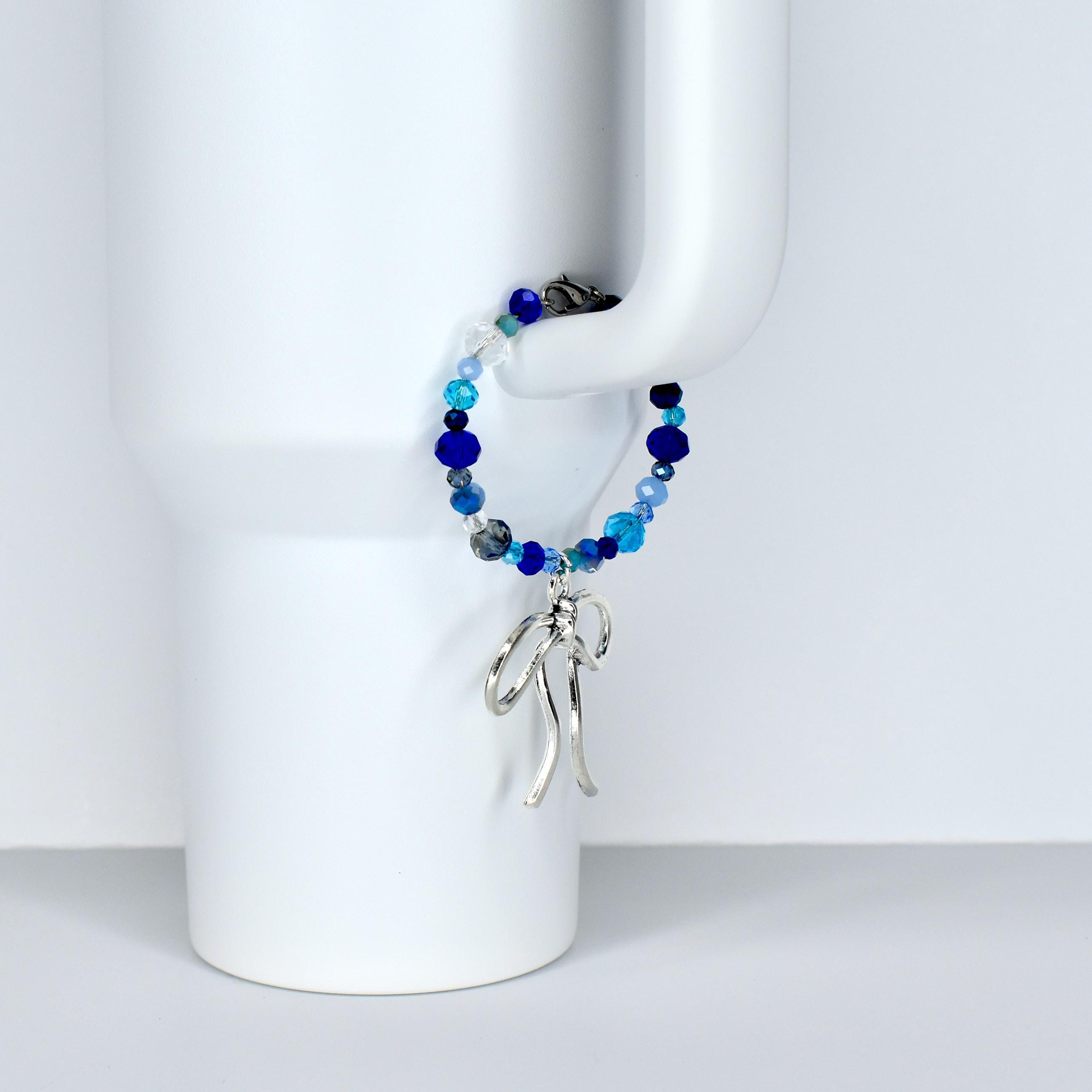 Blue and Crystal Tumbler Handle Bracelet with Bow Charm
